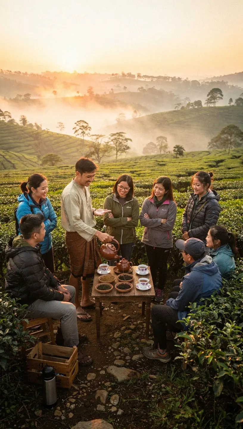 A close-up of a tea leaf infuser immersed in a clear glass teapot.