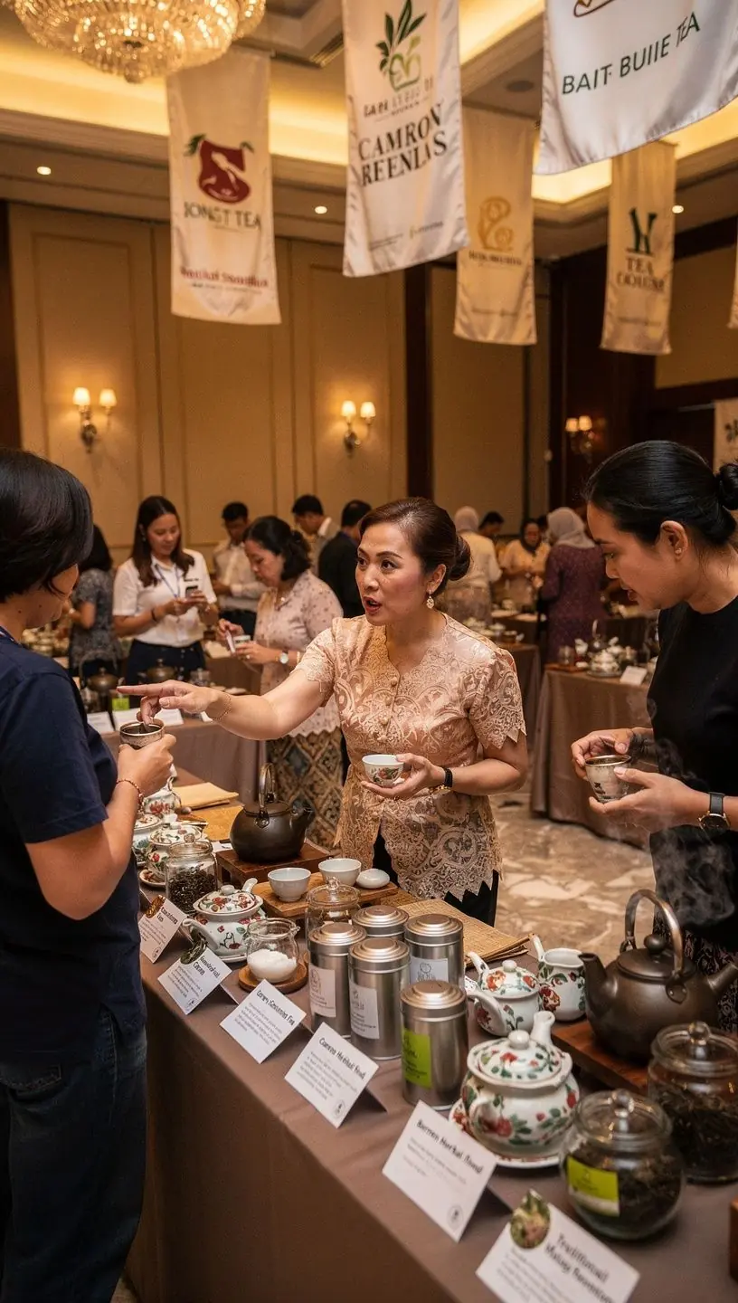 A traditional Malaysian tea set featuring ornate teapots and cups.