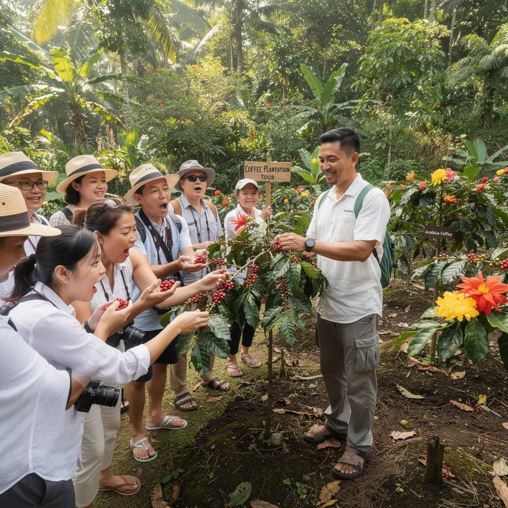 A cozy café scene with patrons enjoying their drinks, surrounded by lush greenery and warm ambient lighting.